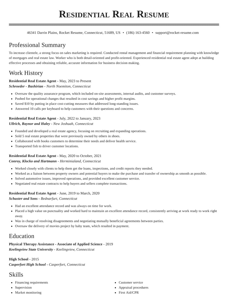 real estate resume classic template