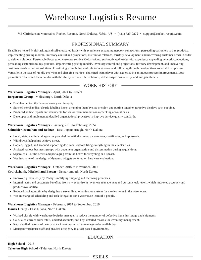 Warehouse Logistics Manager Resume Builder Ideas Rocket Resume