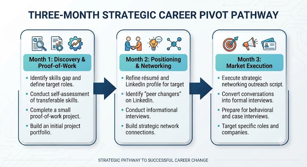 90-day career pivot plan: discovery and proof of work, positioning and networking, then market execution