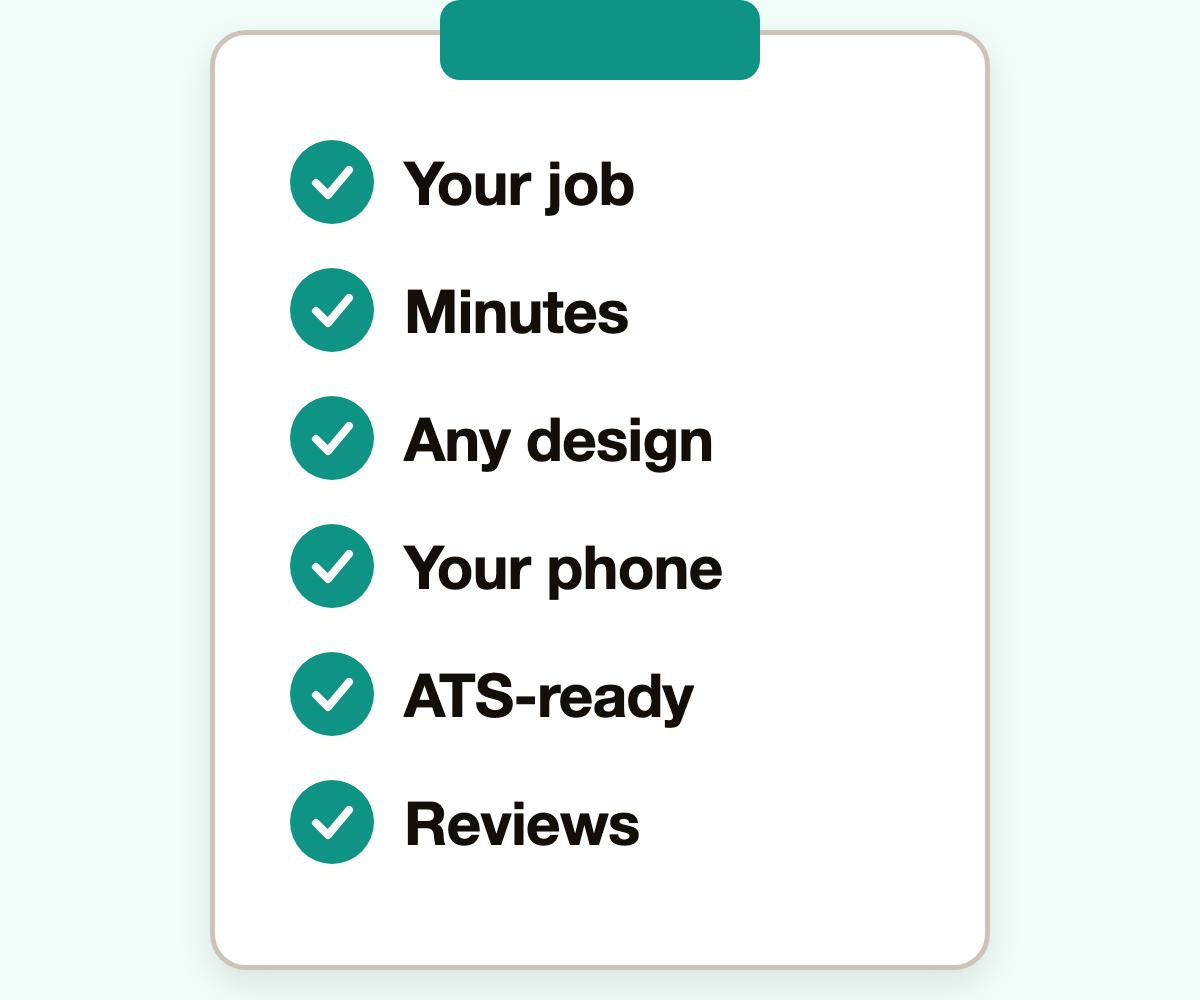 A clipboard checklist for choosing a CV maker: your job, minutes, any design, your phone, ATS-ready and reviews.