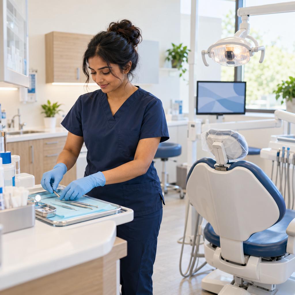 A dental hygienist in navy scrubs lays out instruments in a bright treatment room.