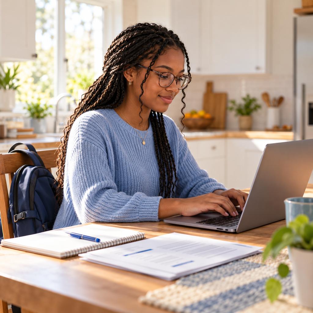 A high school senior in glasses types her first resume on a laptop at home.