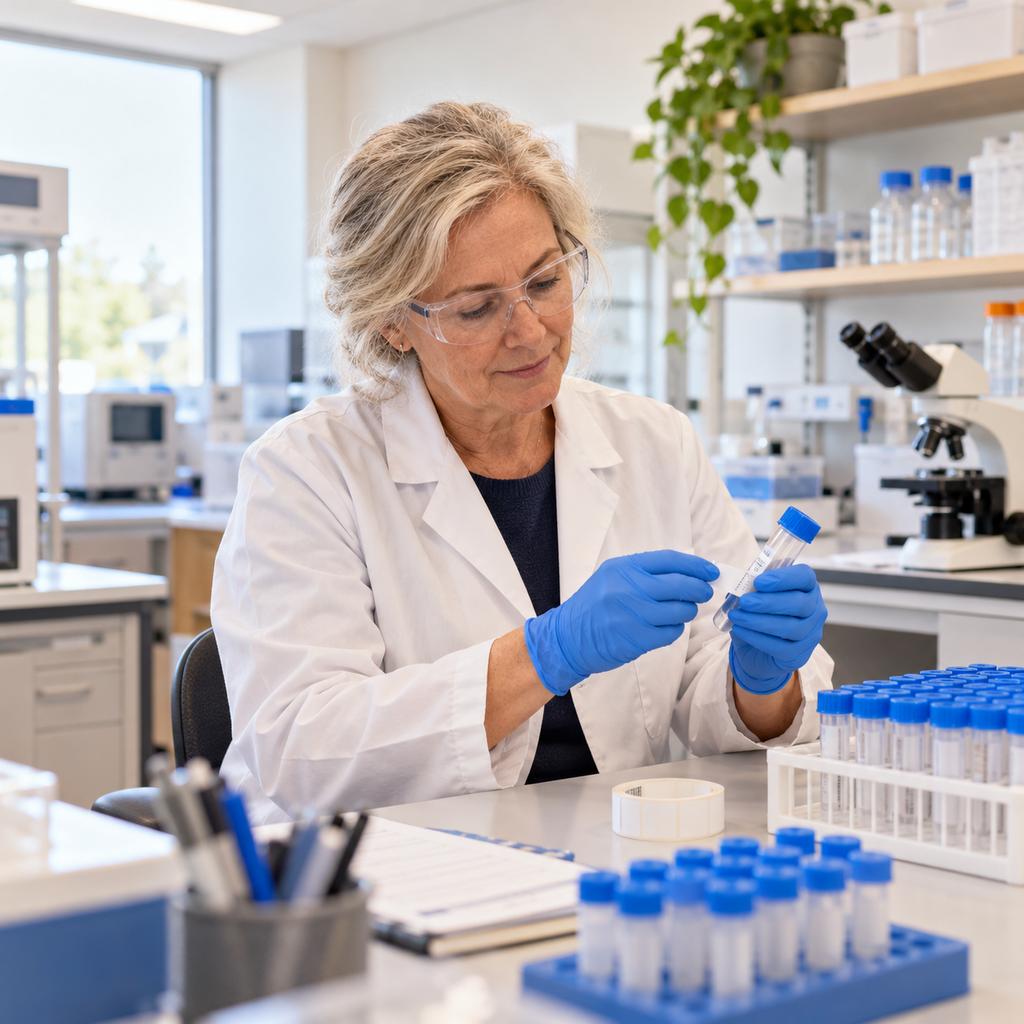 A lab technician in safety glasses and gloves labels a sample tube at the bench.