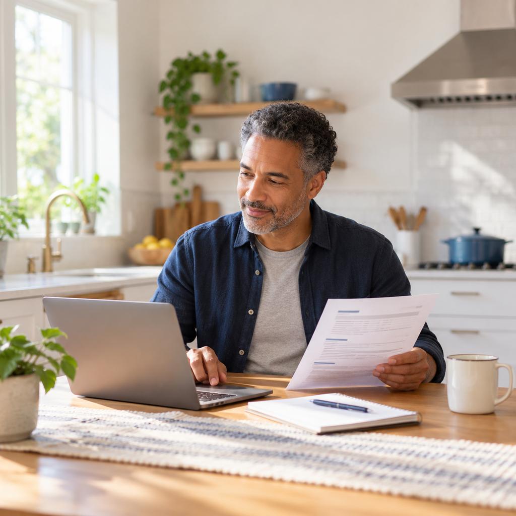 A man at a sunny kitchen table reads a printed resume draft beside his open laptop.
