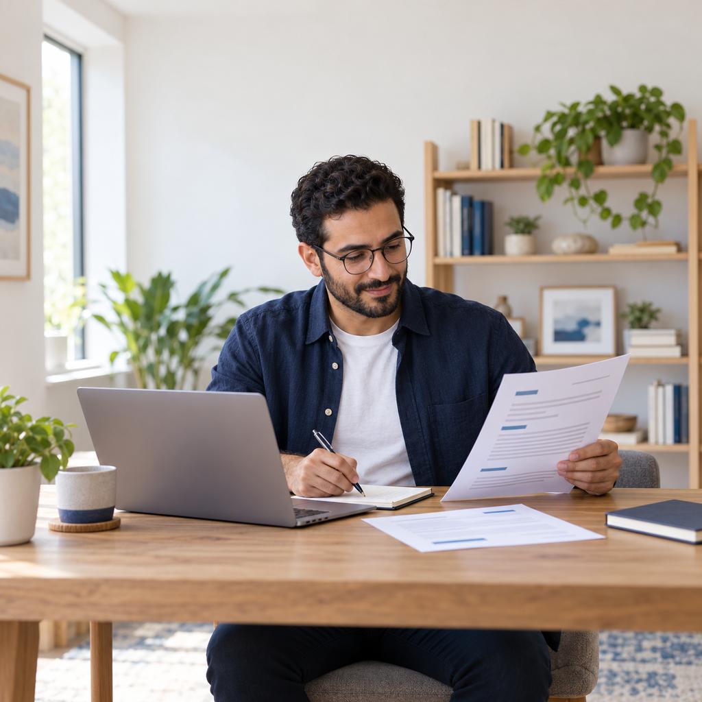 A man in glasses reviews a printed two-page CV beside his laptop at home.