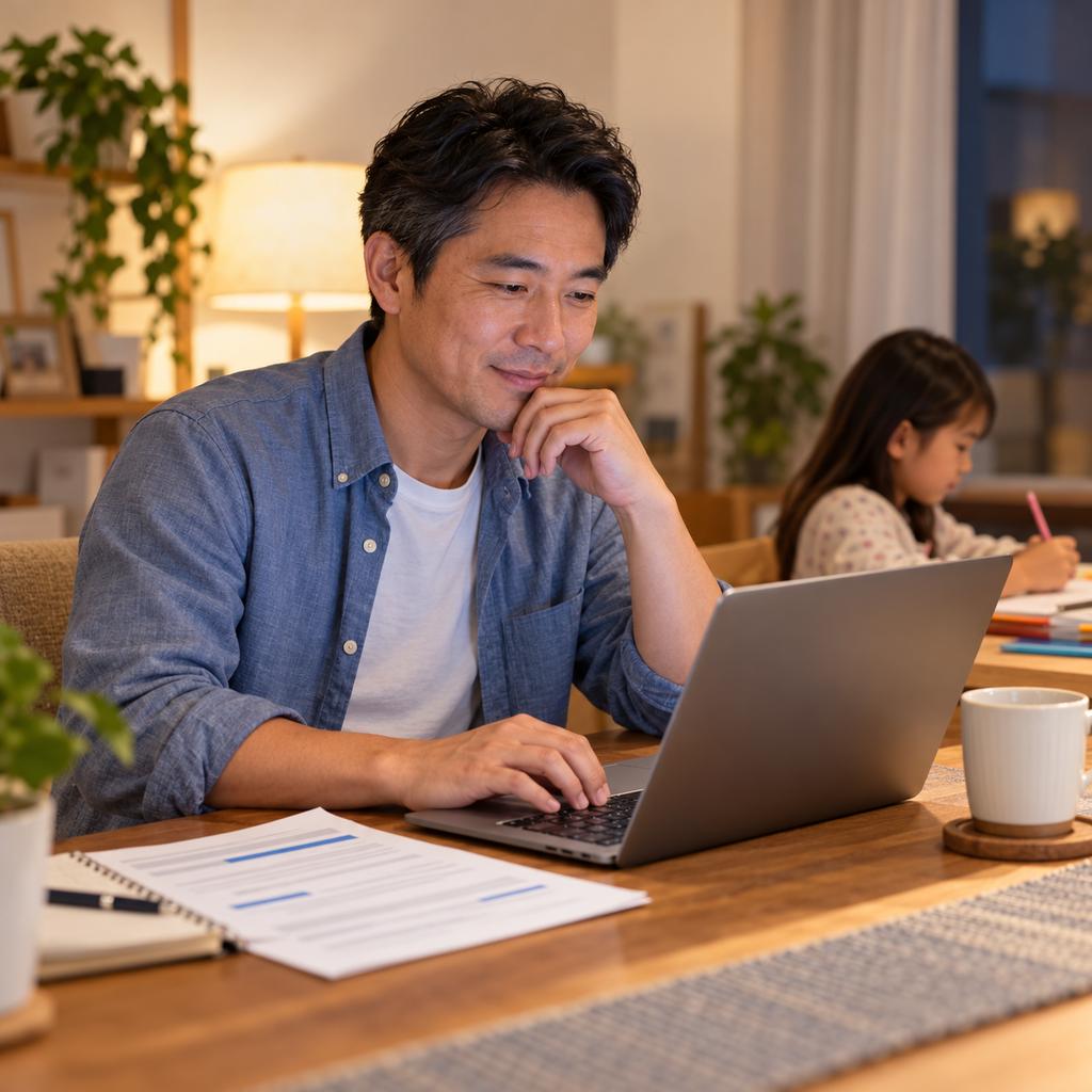 A man works on his resume at the dining table while a child does homework.