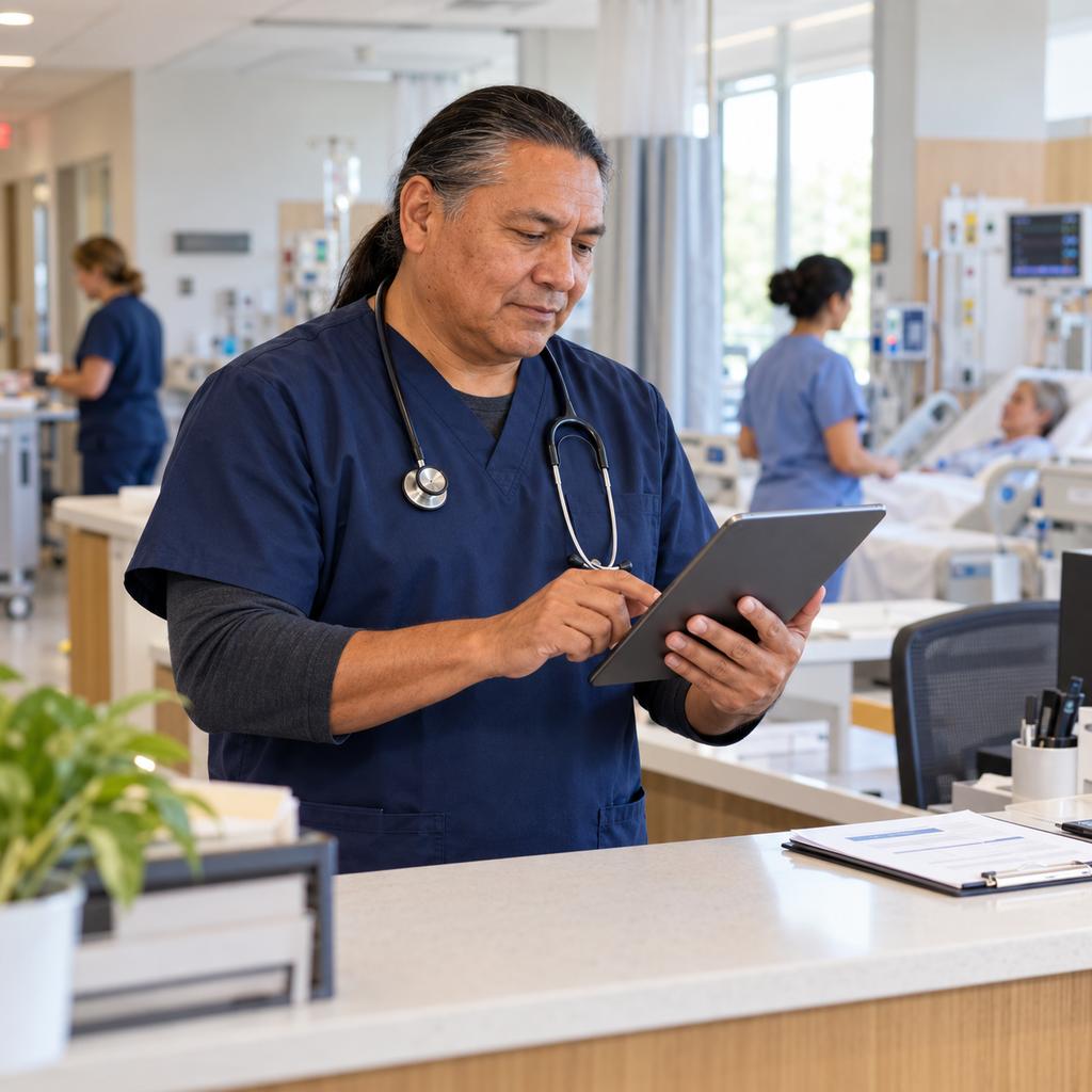 A registered nurse in navy scrubs reviews a chart on a tablet at the nurses' station.