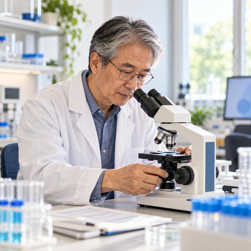 A research scientist in a lab coat adjusts a microscope at a lab bench.