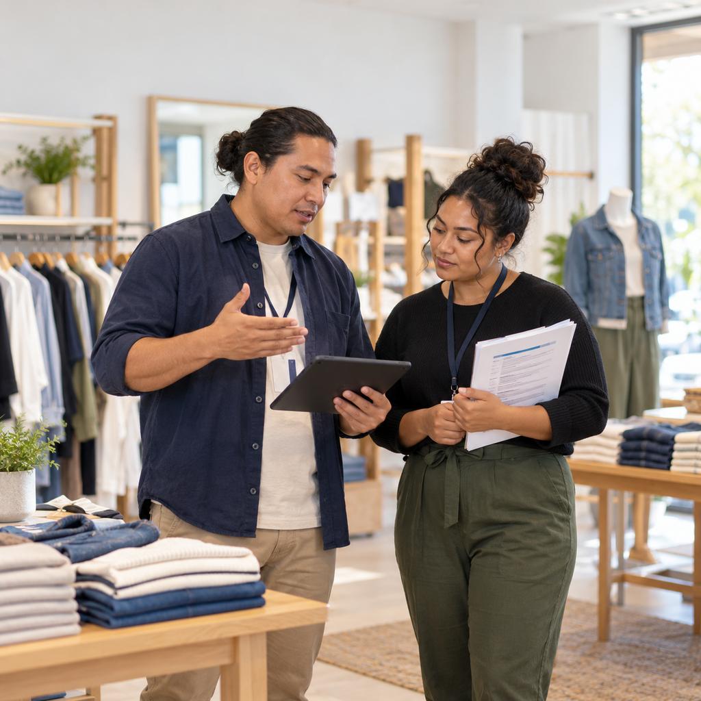 A retail store manager shows a teammate a tablet on the shop floor.