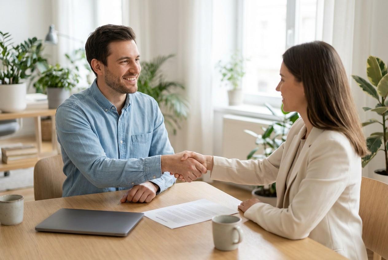 A smiling job candidate shakes hands with a hiring manager across a table after an interview