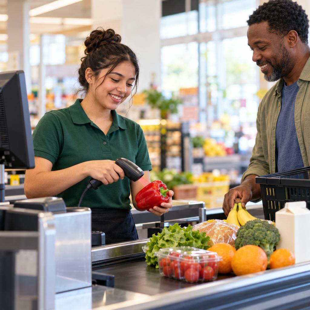A teenage cashier in a green polo scans groceries at a supermarket checkout.