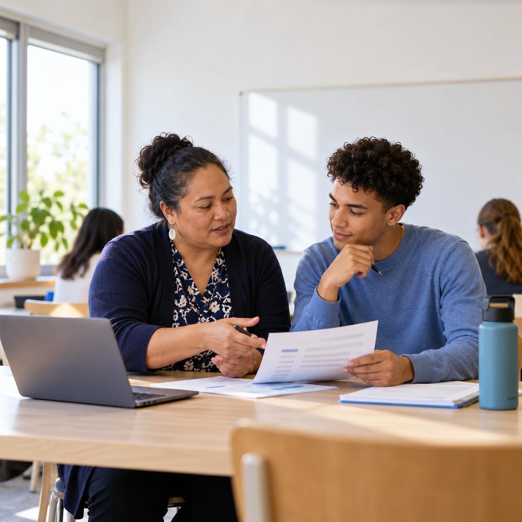 A university lecturer talks a student through a handout at a seminar table.