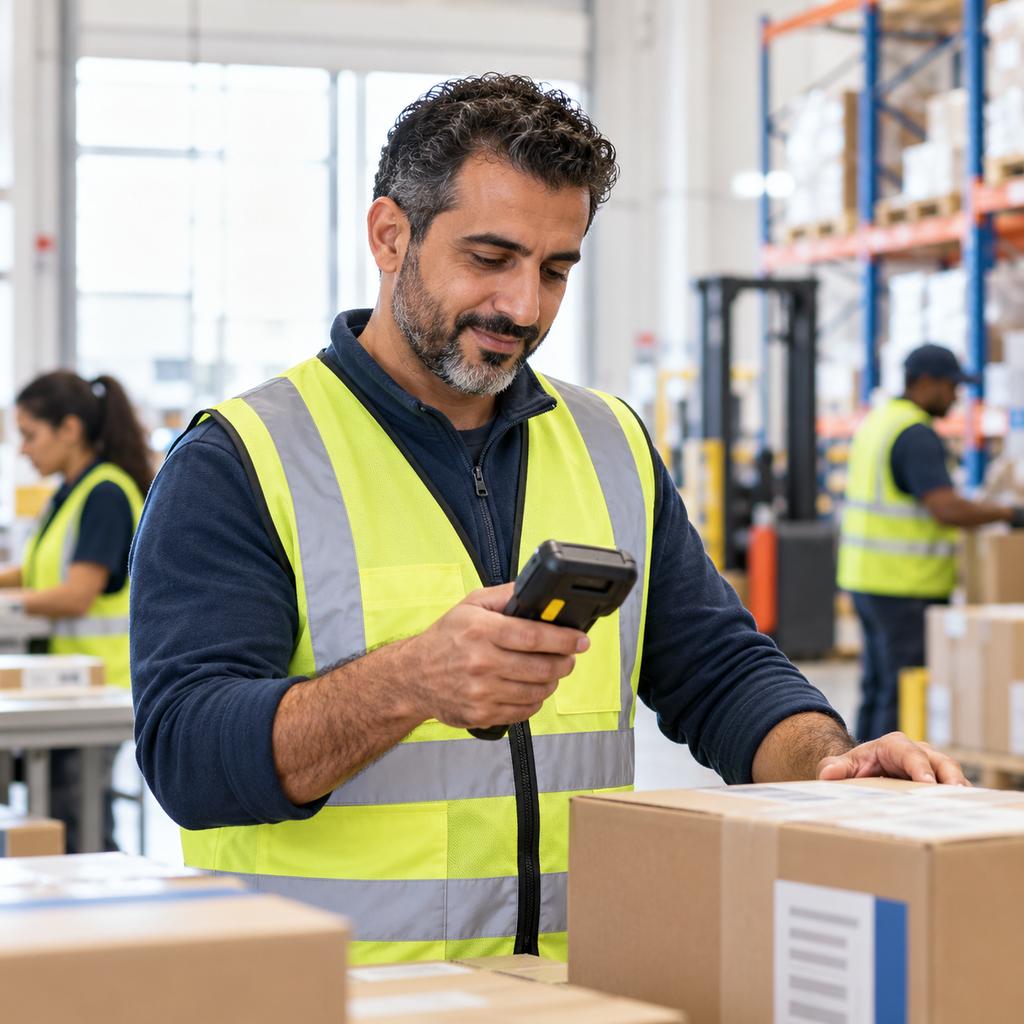 A warehouse team lead in a high-visibility vest checks a handheld scanner beside stacked parcels.