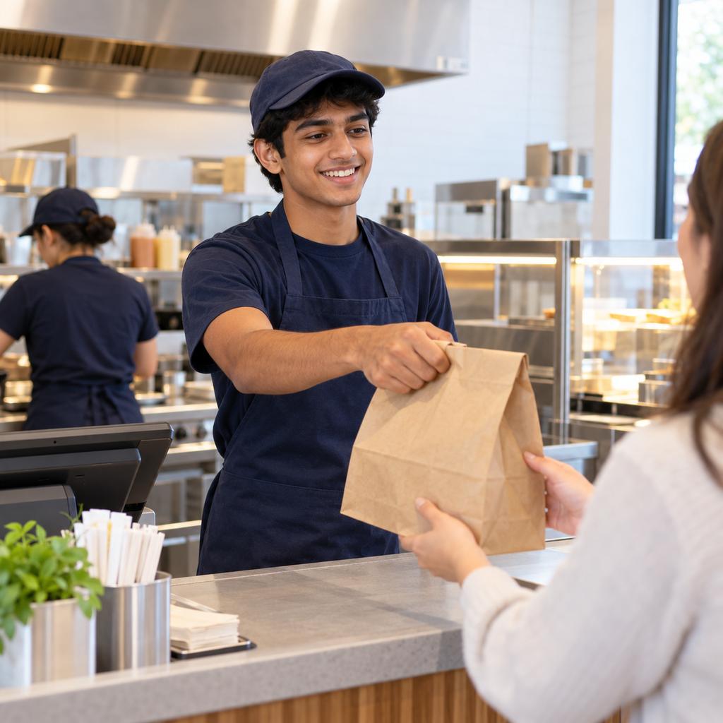 A young crew member in a navy cap hands a takeout bag across the counter.