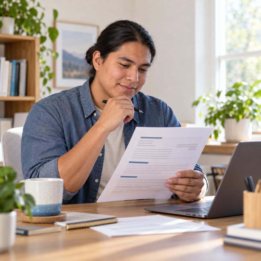 A young man reads over a printed CV at a tidy desk, pen in hand.
