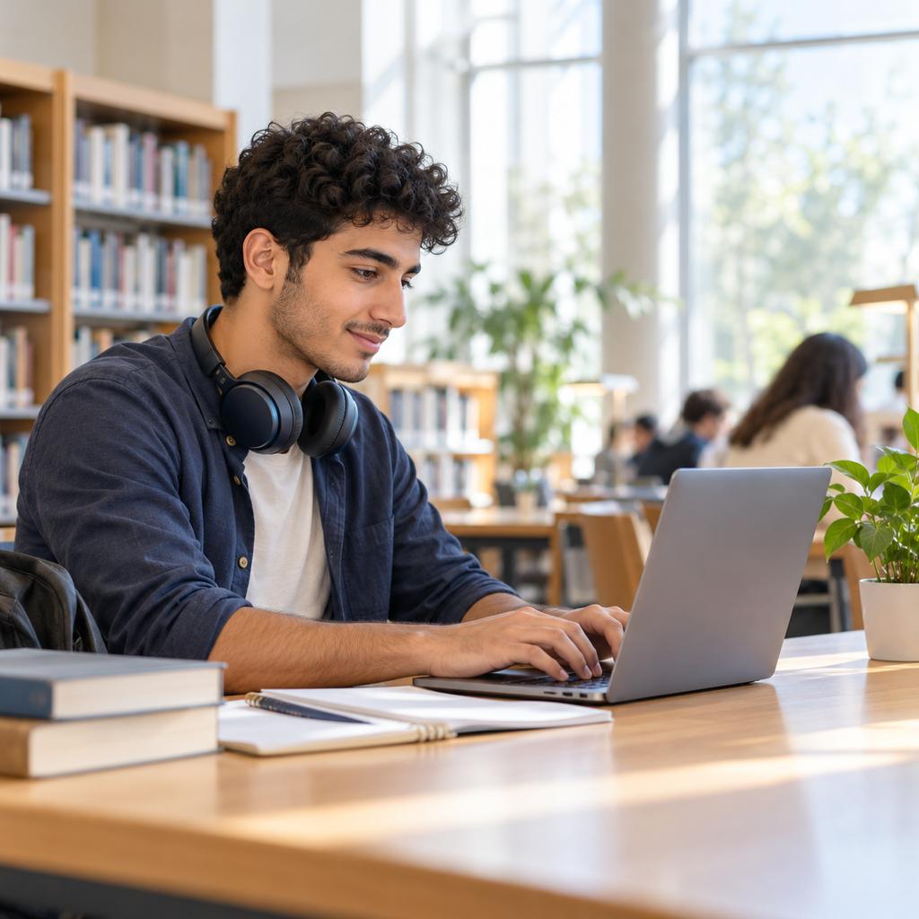 A young man with headphones around his neck works on his resume at a library table.