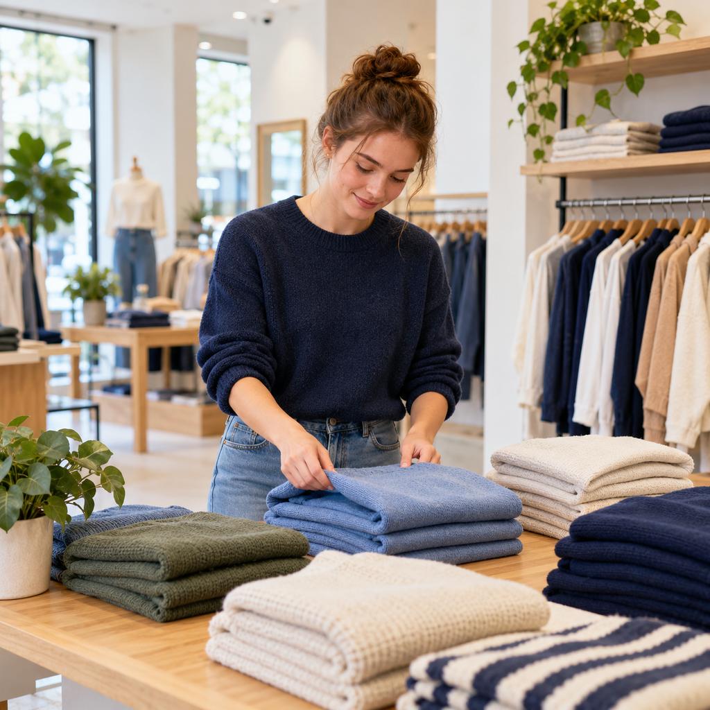 A young sales associate folds sweaters on a display table in a clothing store.
