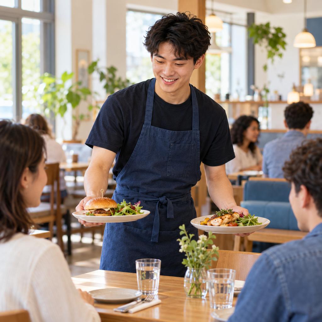 A young server carries two plates of food to a table in a bright diner.
