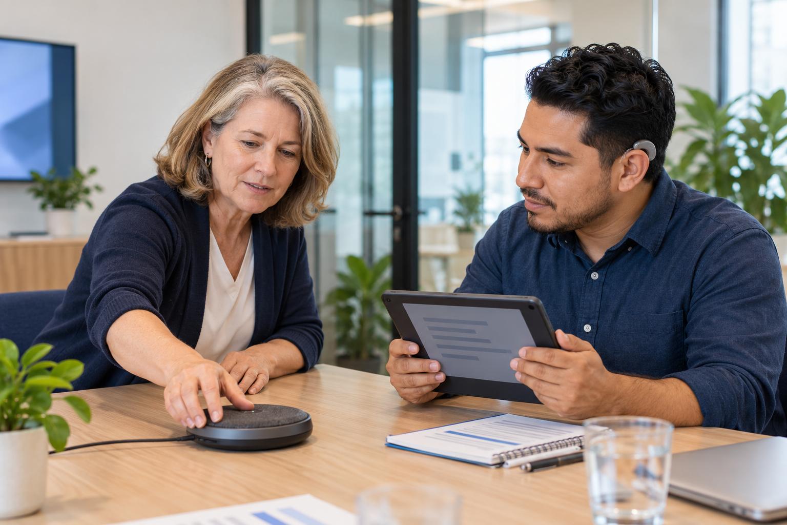 Accessibility consultant and Deaf employee checking an accessible meeting-room setup before a team meeting