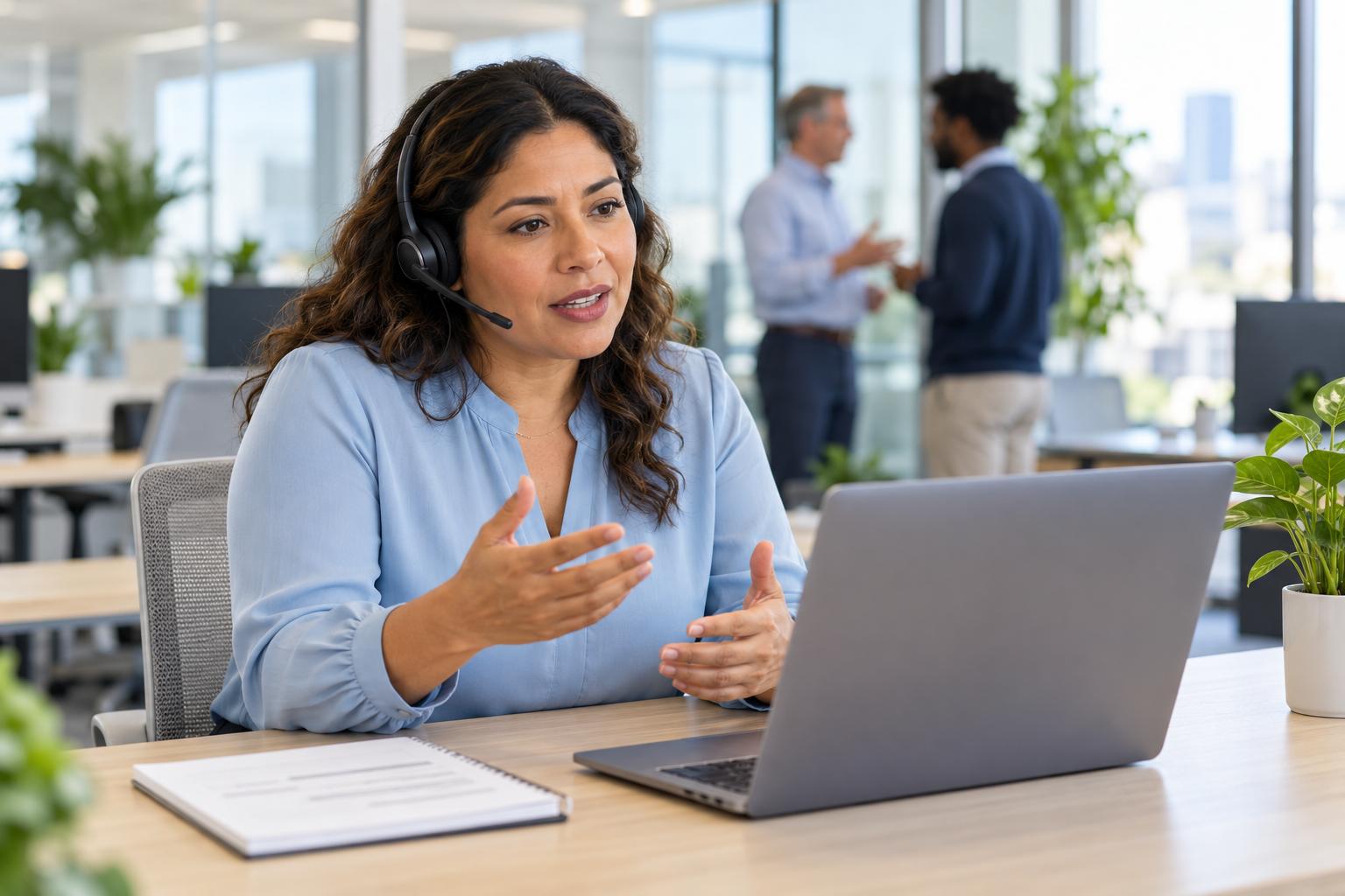 Account executive talking with a client on a headset in a bright sales office