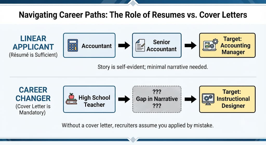 Linear accountant path versus teacher-to-instructional-designer switch: only the career change needs a cover letter