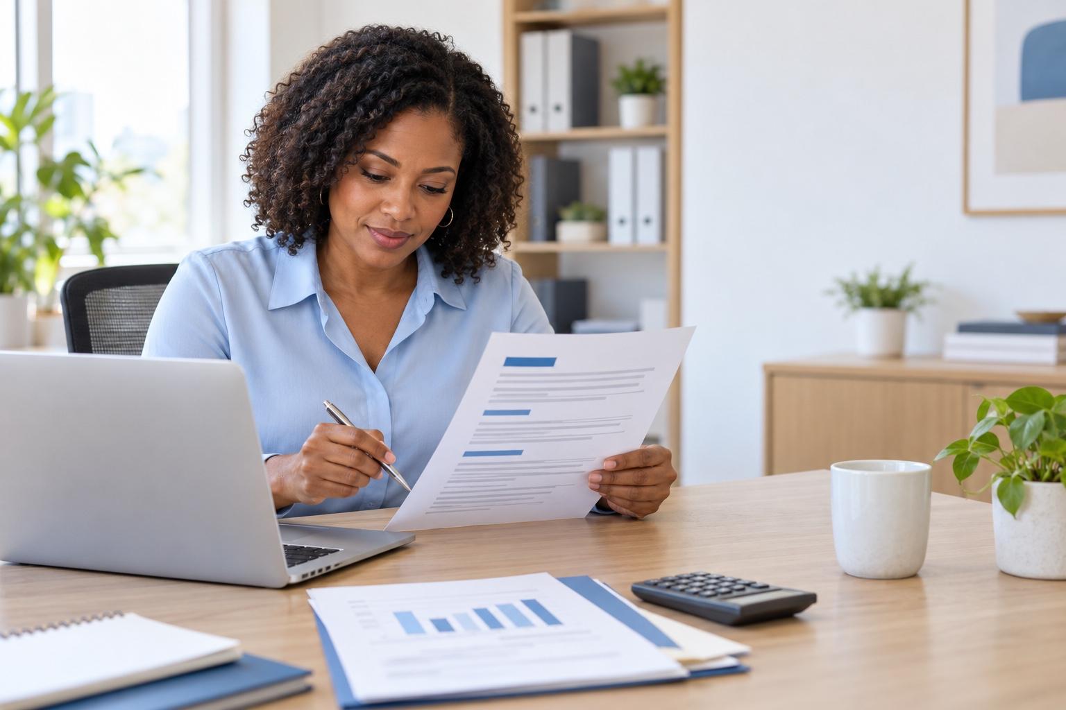Accountant preparing a printed resume at a laptop in a bright calm finance office