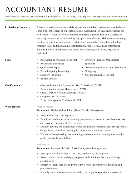 Example accountant resume with summary, skills, certifications, and work history sections
