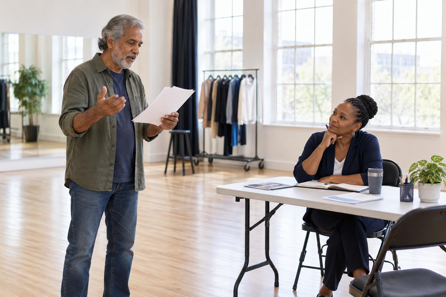 Actor reading for a casting director at an audition with his headshot on the table