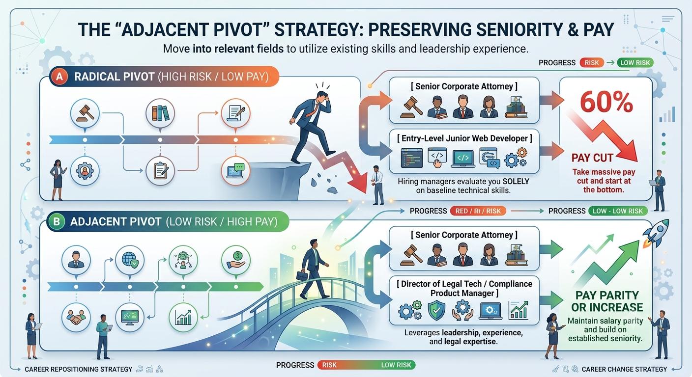 Infographic comparing radical and adjacent career pivots for preserving seniority and pay