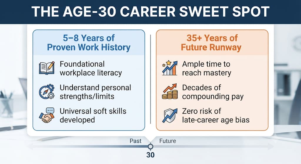 Age-30 career sweet spot: 5–8 years of proven work history plus 35+ years of future runway