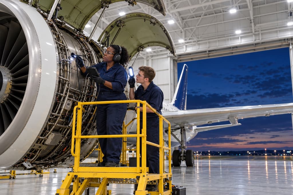 Aircraft maintenance technician inspecting a jet engine with a borescope in a hangar