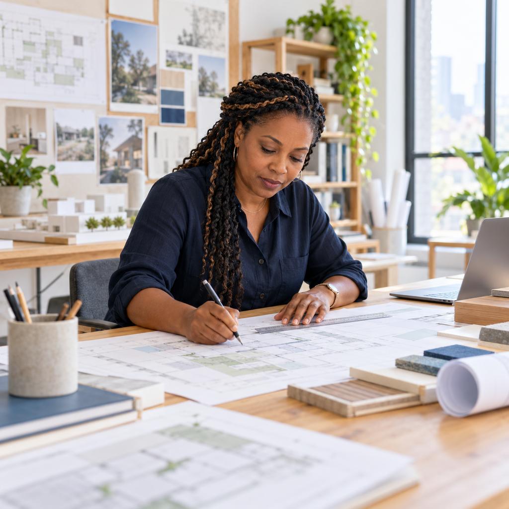 An architect sketches over a printed floor plan with a pen and ruler.