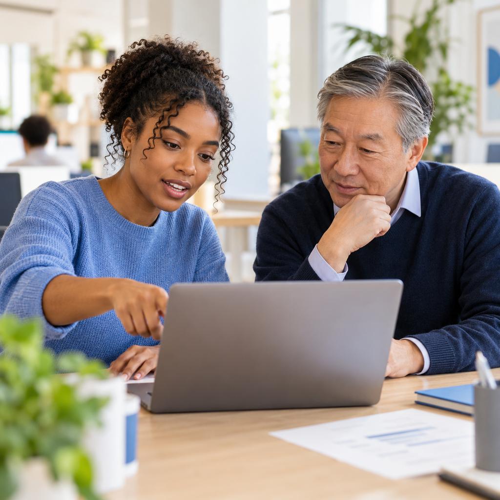 An IT support specialist helps an older coworker with a laptop at a shared desk.