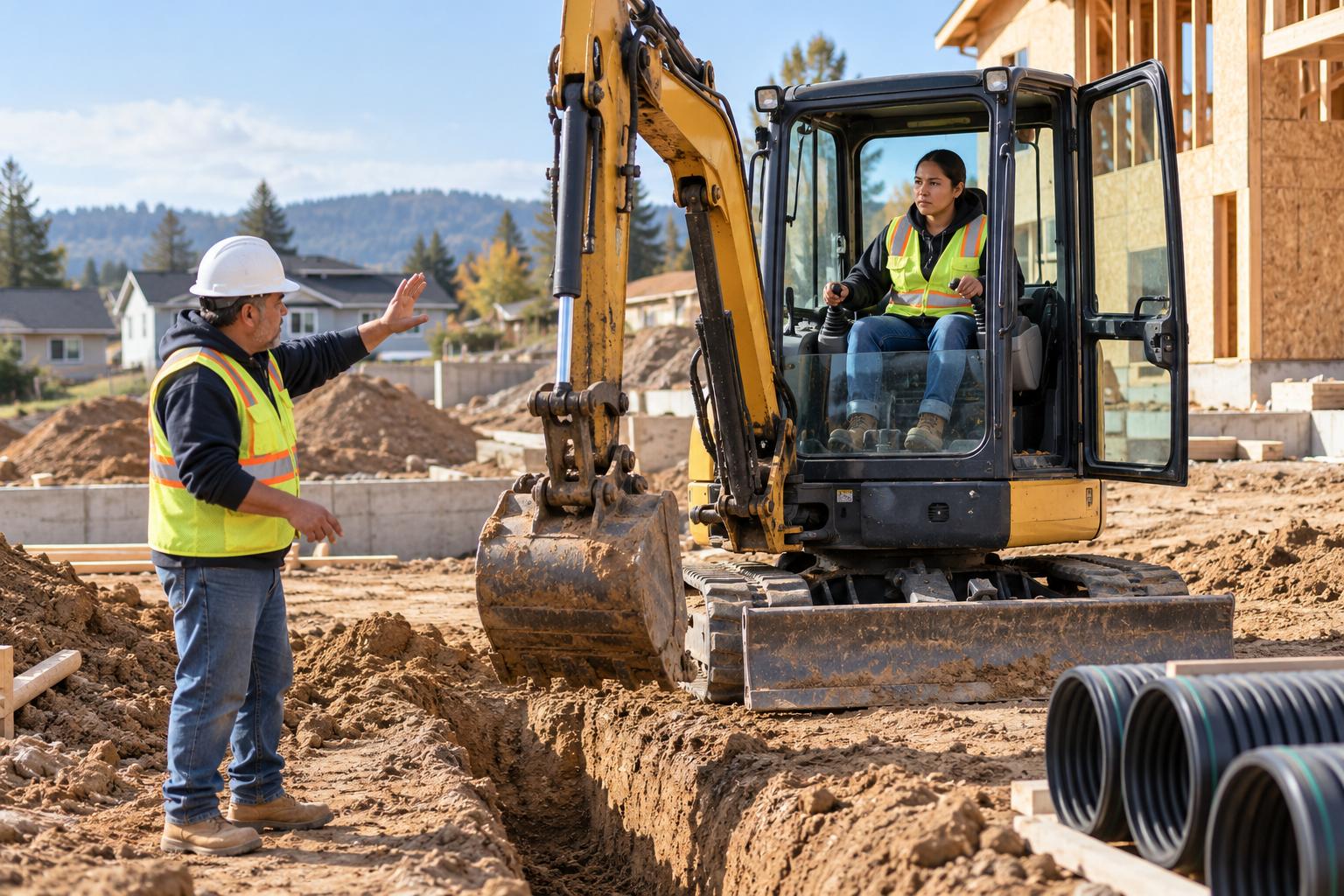 Apprentice operator running a compact excavator as a foreman gives hand signals on site
