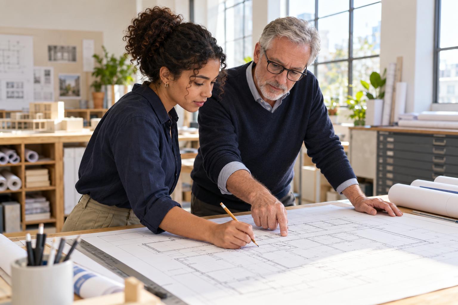 Architectural designer reviewing a printed floor plan with her supervising architect at a plan table