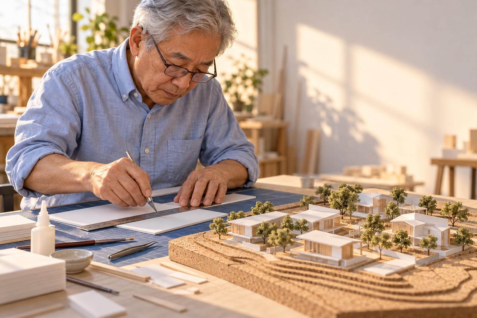 Architectural technologist building a scale model of a housing scheme in a sunlit studio