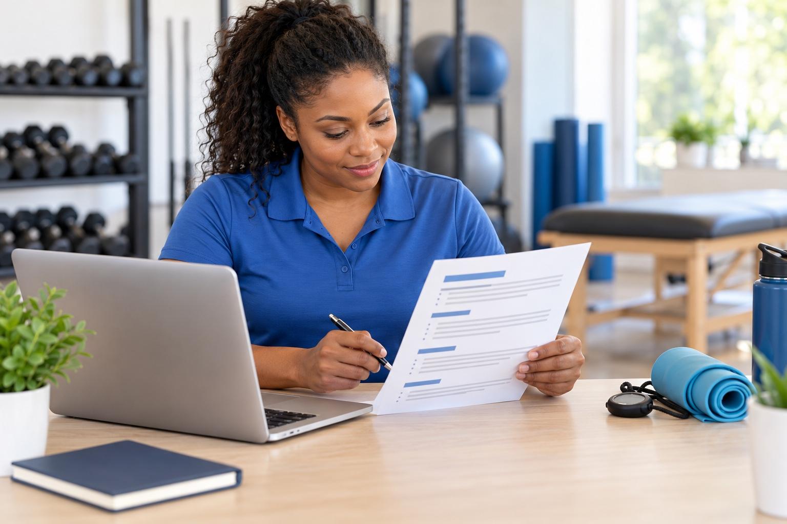 Athletic trainer preparing a printed resume at a laptop in a bright fitness studio consultation desk