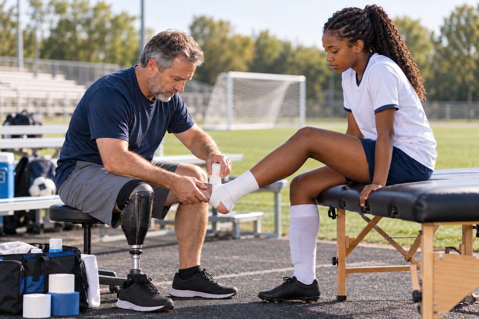 Athletic trainer with a prosthetic leg taping an athlete's ankle beside a sports field
