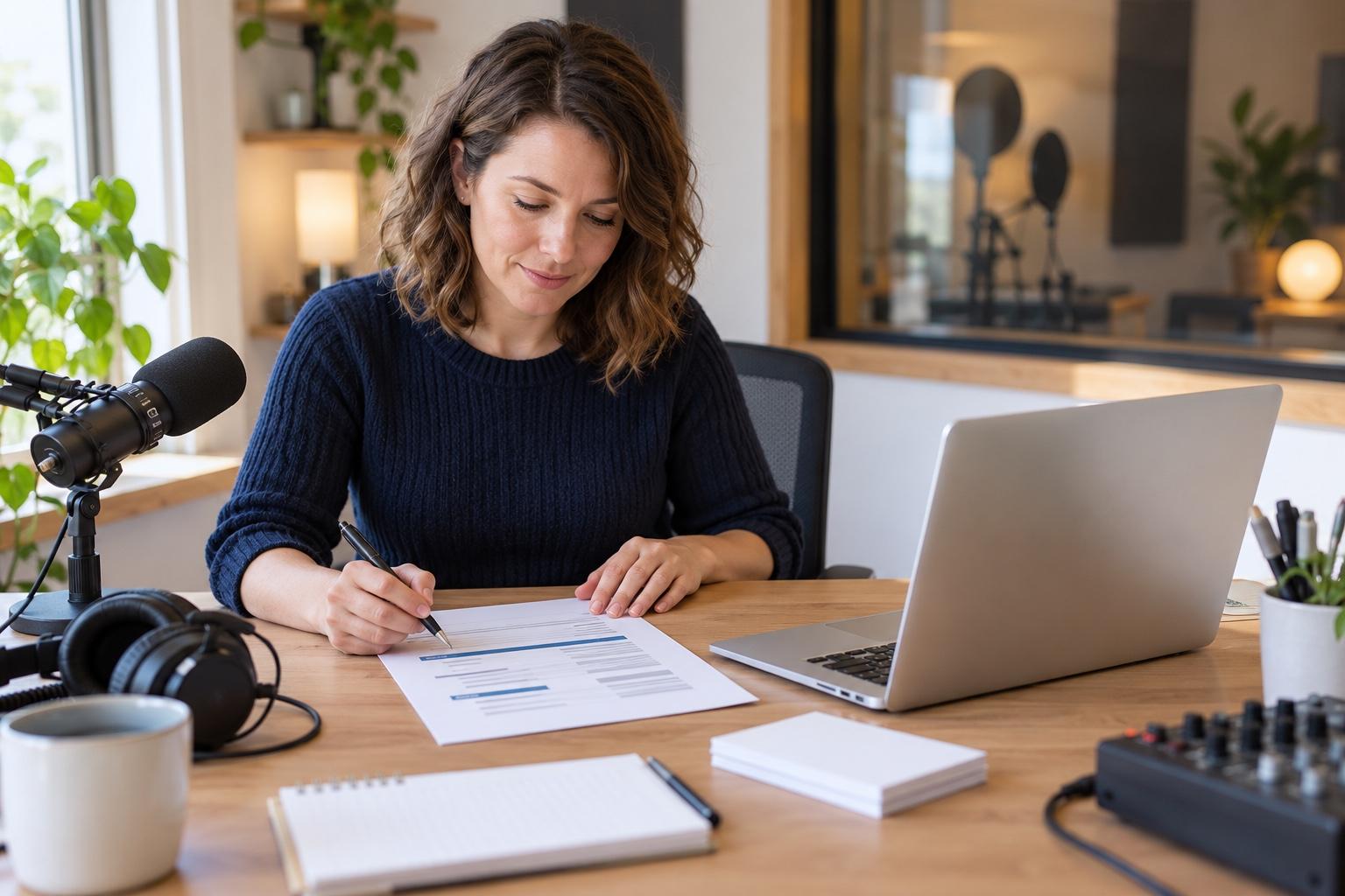 Audio producer preparing a printed resume at a laptop in a daylight media editing workspace