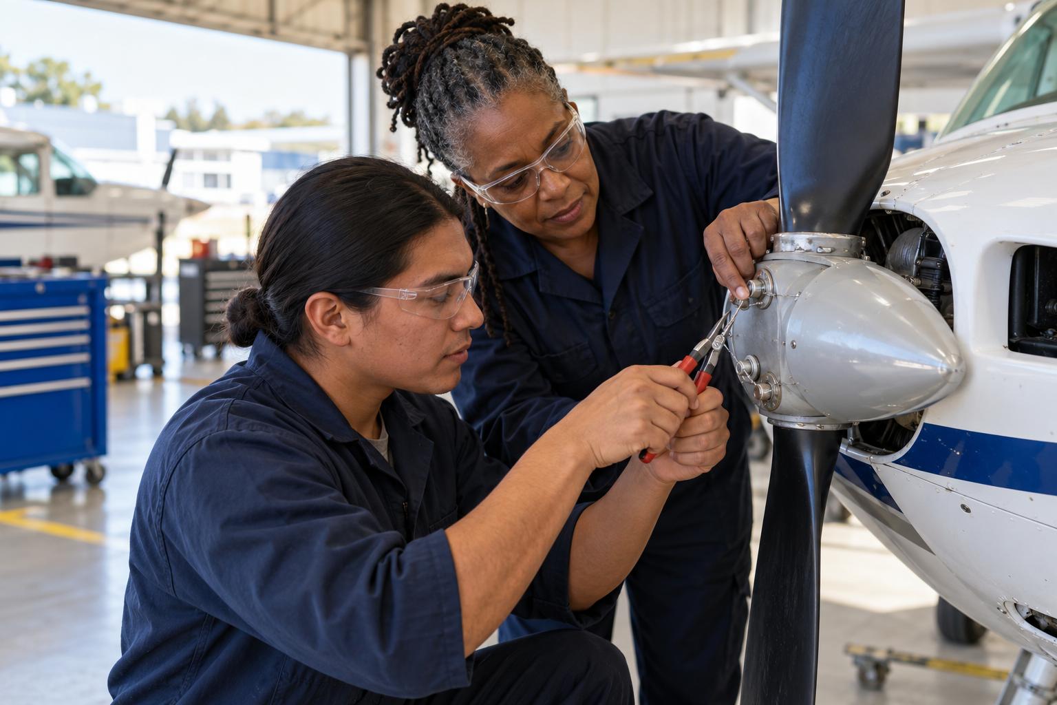 Aviation maintenance student safety-wiring a propeller hub as an instructor checks his work