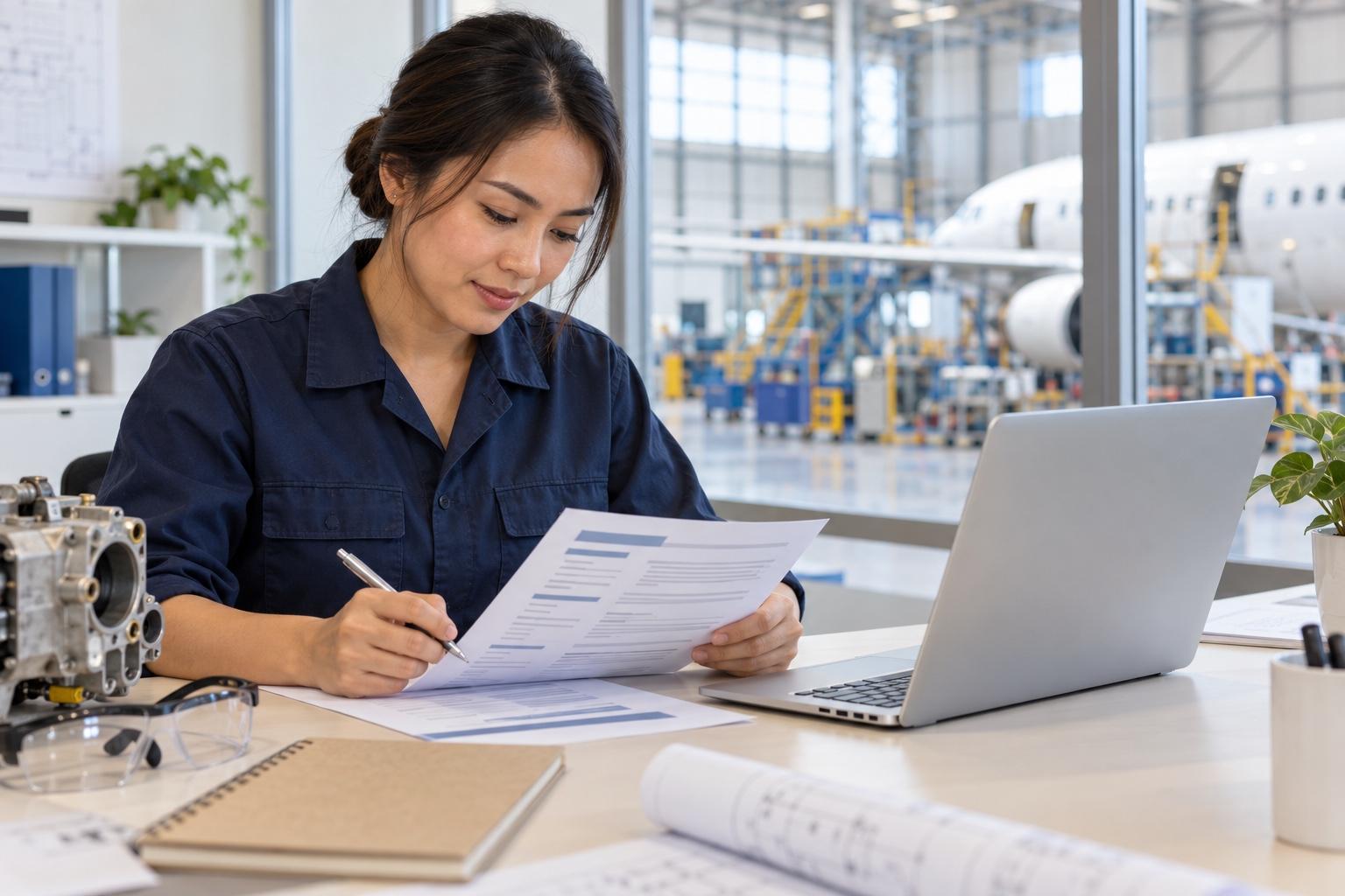 Avionics technician preparing a printed resume at a laptop in a bright aerospace engineering office