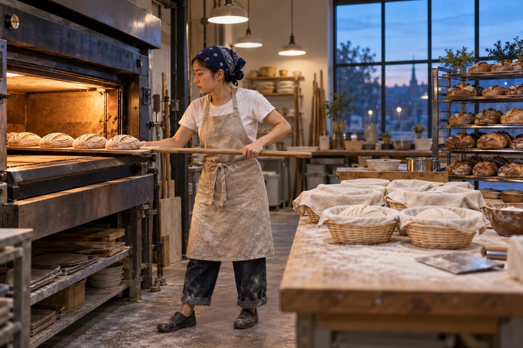 Baker loading proofed sourdough loaves into a deck oven in an artisan bakery