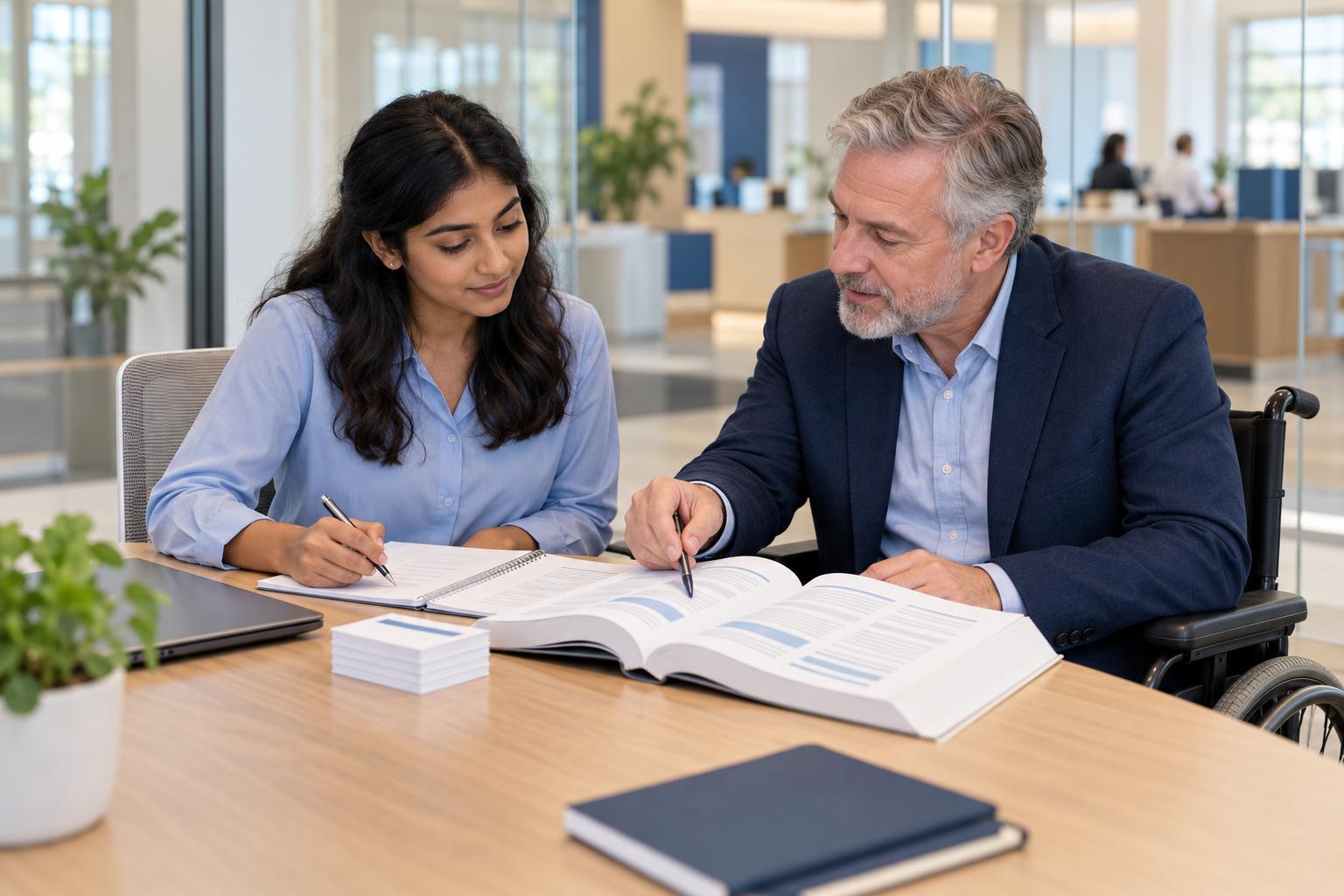 Bank employee studying for a licensing exam with a senior colleague in a conference room