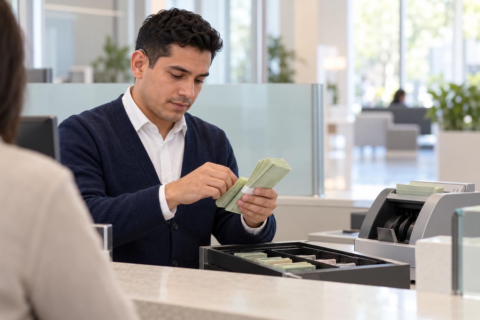Bank teller helping a customer at a teller station in a bright bank branch