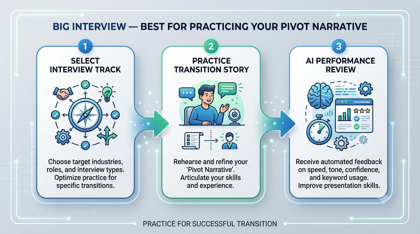 Infographic of three Big Interview steps for practicing a career pivot narrative