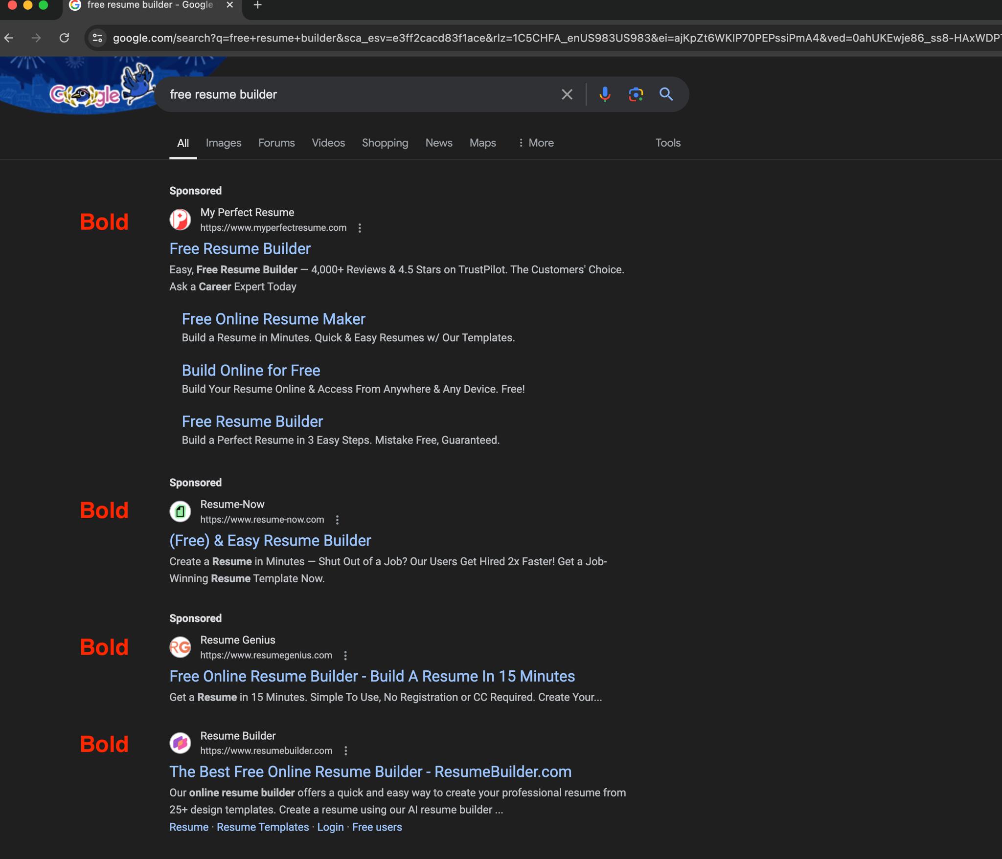 Google search results for free resume builder with four sponsored Bold listings highlighted