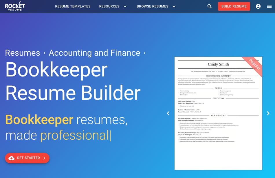 Rocket Resume bookkeeper resume builder page with a sample resume