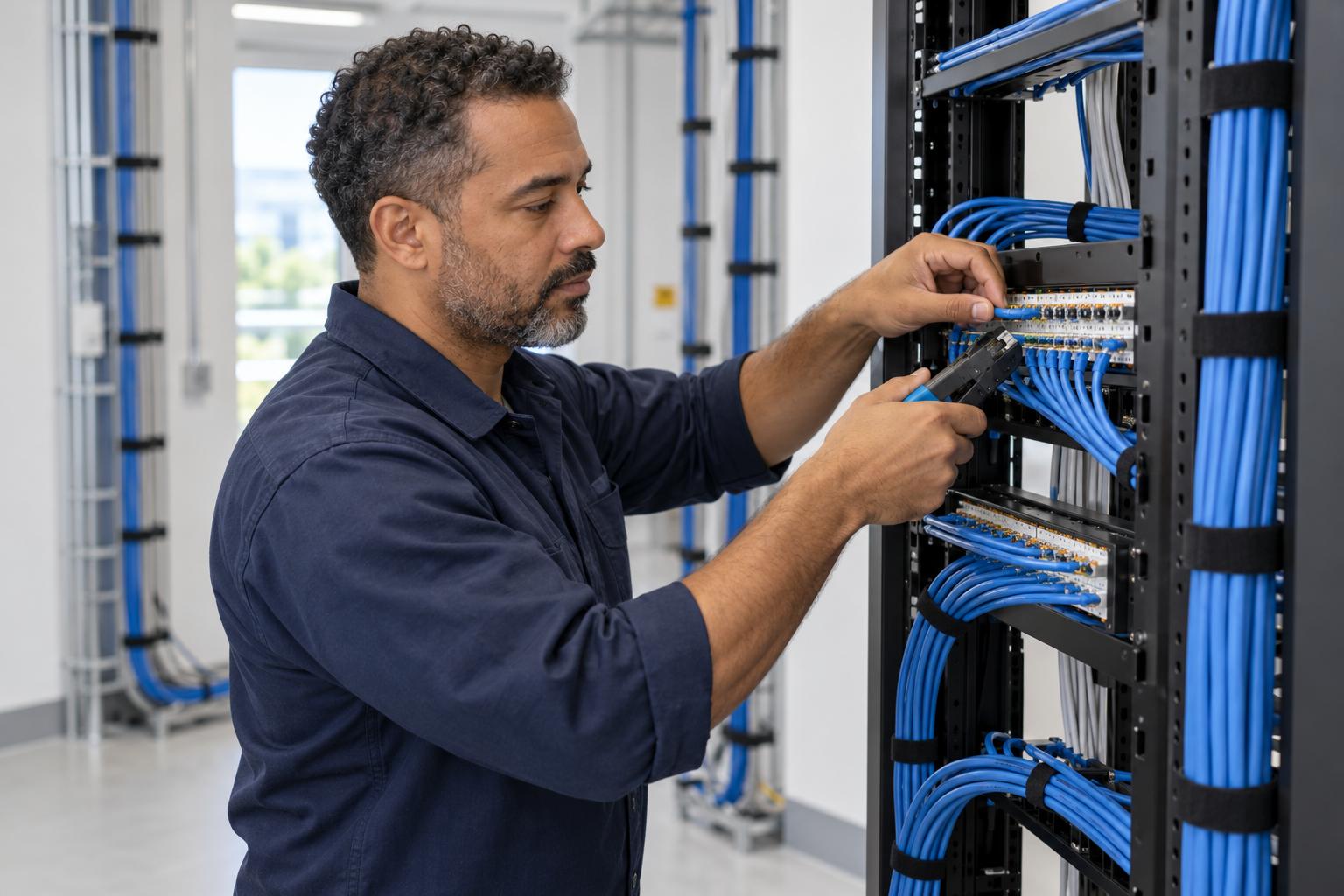 Cabling technician terminating network cables on a patch panel in a new telecom room