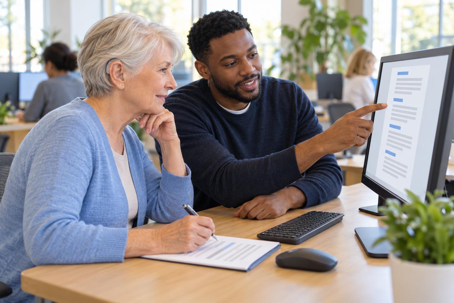 Career advisor pointing to a heading on a woman's single-column resume at a career center computer