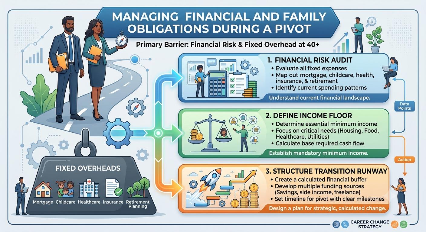 Infographic on managing financial obligations during a career pivot at 40
